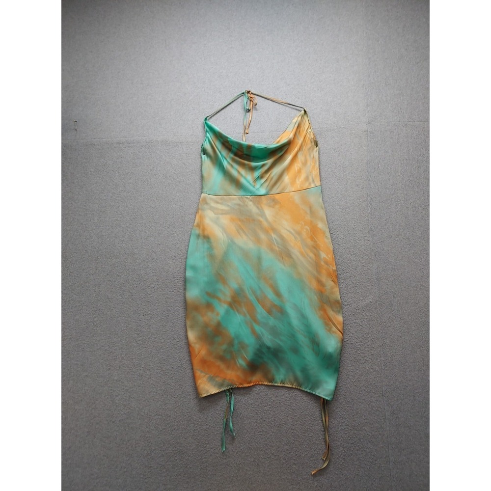 Fashion Nova Women Dress L Multicolor Tie Dye Cowl Neck Back Zip Ruched Cocktail